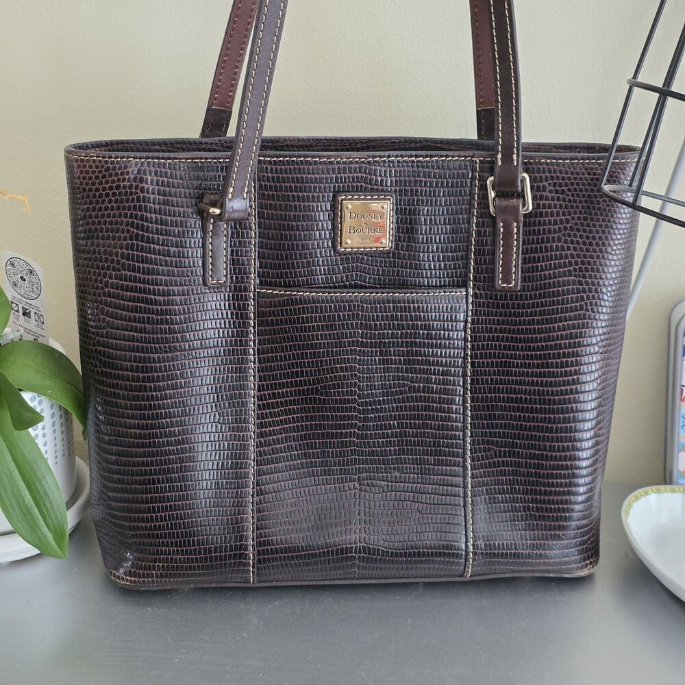 Dooney & Bourke Lizard Embossed Leather Lexington Tote Bag Dark Brown Clean EUC